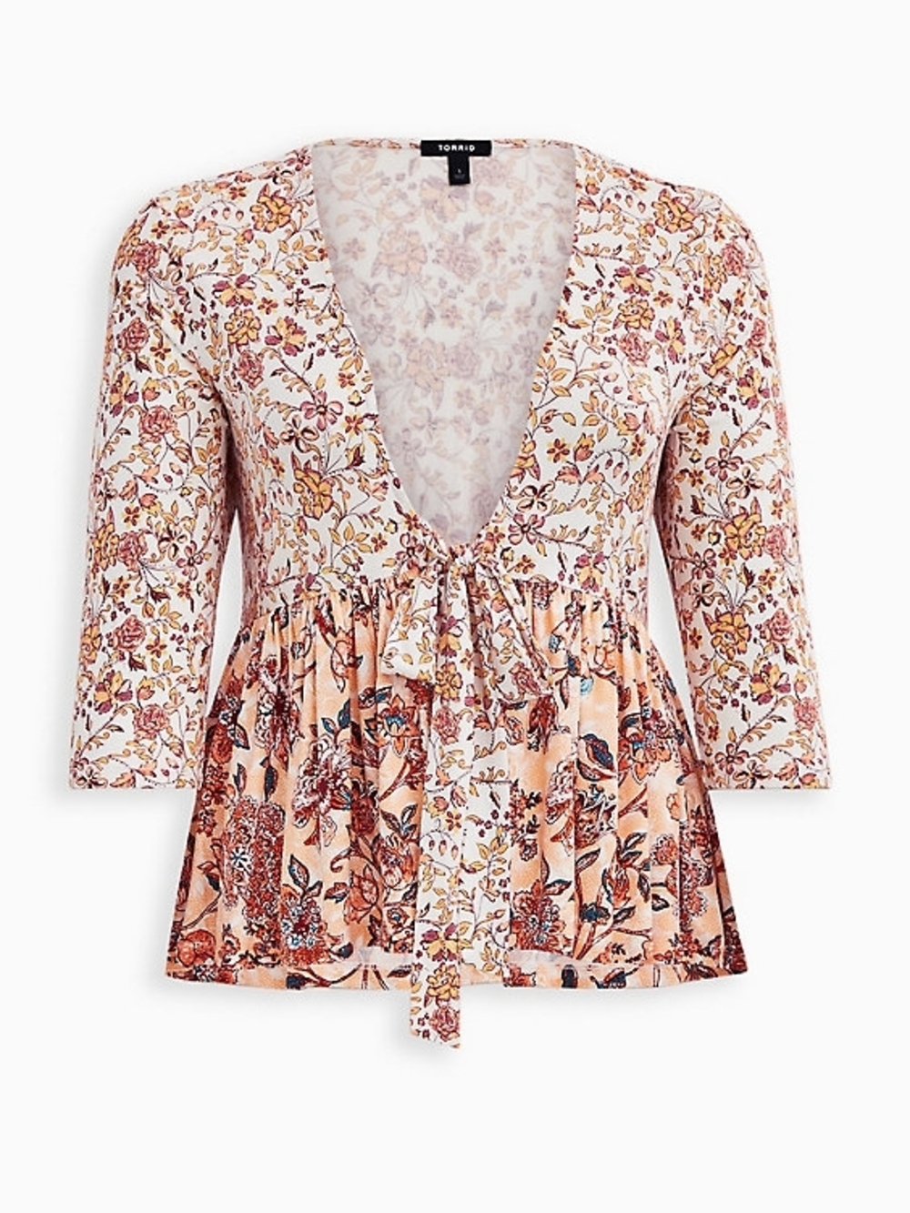 Torrid Size 6 Peach & Cream Floral Tie-Front Peplum Tunic